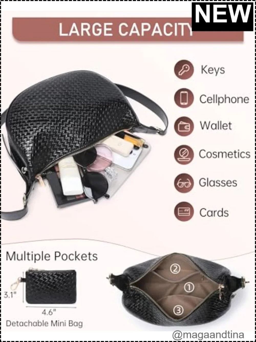 Woven Crescent Shoulder Bag 2PC Vegan Leather Hobo Crossbody Handbag